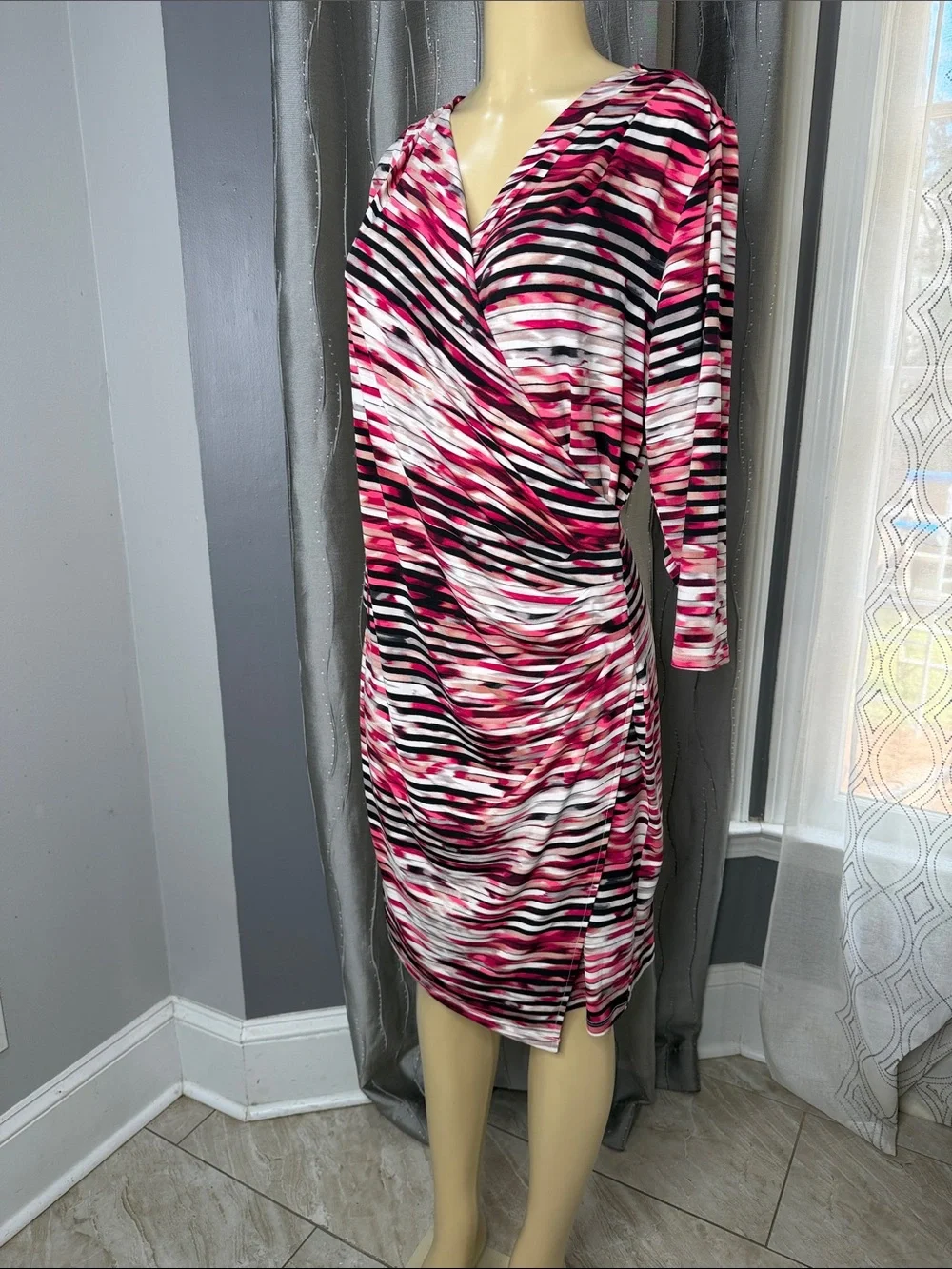 Calvin Klein Women’s Sz 0X Pink, Black & White Striped Wrap Dress Stretch